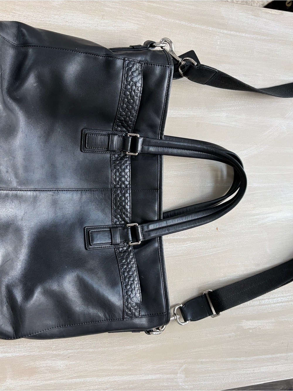 Coach Black Leather Tote with Signature Trim and Detachable Strap